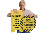 Custom floor signs in vinyl, rigid plastic and anti slip laminate for warehouse, hospital and school environments